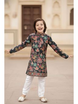 Lagorii - Boys Black Silk Printed Kurta with Pyjama