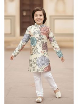 Lagorii - Boys Cream Silk Printed Kurta with Pyjama