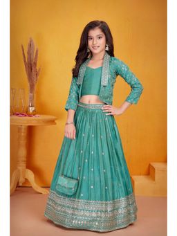 Lagorii - Girls Teal Silk Embroidered Choli with Lehenga and Jacket