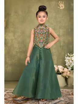 Lagorii - Girls Green Organza Embroidered Top with Palazzo and Dupatta