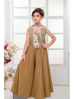 Lagorii - Girls Brown Crepe Embroidered Top with Palazzo and Dupatta