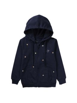 KiddoPanti - Girls Navy Blue Fleece Embellished Sweatshirt