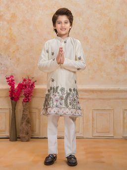 Mini Stitch - Boys Cream Cotton Silk Embroidered Kurta with Pyjama