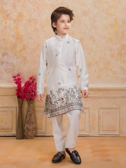 Mini Stitch - Boys White Cotton Silk Embroidered Kurta with Pyjama