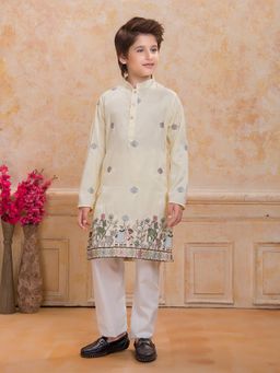 Mini Stitch - Boys Yellow Cotton Silk Embroidered Kurta with Pyjama