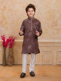 Mini Stitch - Boys Brown Satin Embroidered Kurta with Pyjama