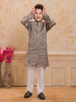 Mini Stitch - Boys Grey Satin Embroidered Kurta with Pyjama