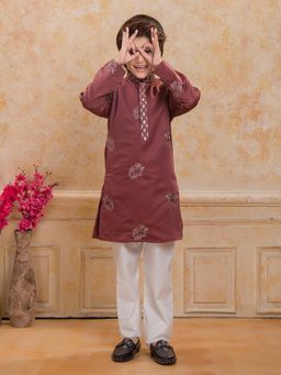 Mini Stitch - Boys Rust Satin Embroidered Kurta with Pyjama