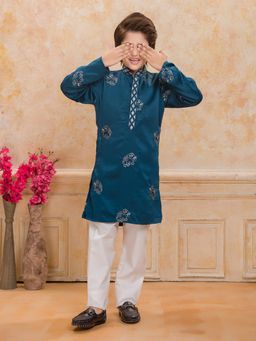 Mini Stitch - Boys Teal Satin Embroidered Kurta with Pyjama