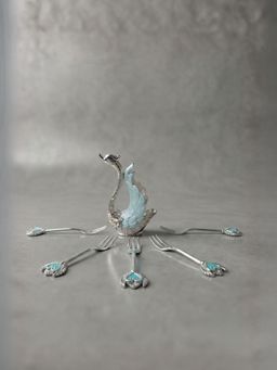 The Home Co - Blue Metal Swan Holder with 6 Dessert Forks & Gift Box