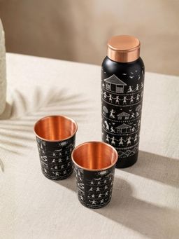 The Home Co - Handcrafted Copper Bottle & 2 Glass Set with Enamel Warli Print