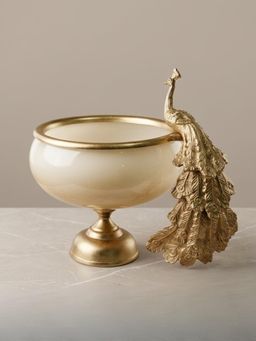 The Home Co - Handcrafted Glass Peacock Bowl with Velvet Gift Box (Silver/Gold Trim)