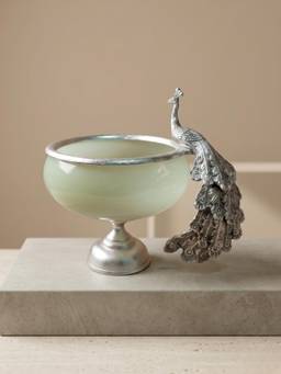 The Home Co - Handcrafted Metal & Glass Peacock Bowl with Velvet Gift Box