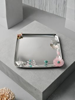 The Home Co - Silver Plated Square Platter with Blue Flower & Pink Butterfly