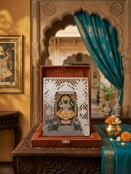 The Home Co - Silver Plated Pichwai Jhoomar & Cow Photo Frame with Velvet Gift Box
