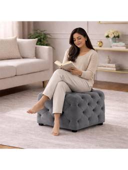 Doe Buck - Colchester Grey Velvet Tufted Ottoman Cube with Wooden Base
