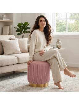 Doe Buck - Damato Pink Velvet Round Ottoman with Gold Base