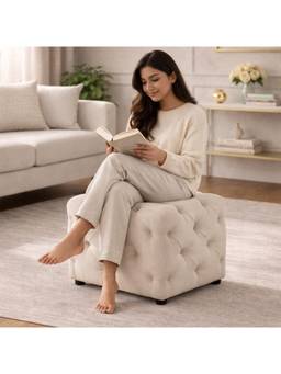 Doe Buck - Colchester Beige Velvet Tufted Ottoman Cube with Wooden Base