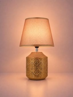 ELARE - Antique Gold Table Lamp with Geometric Base & Beige Shade