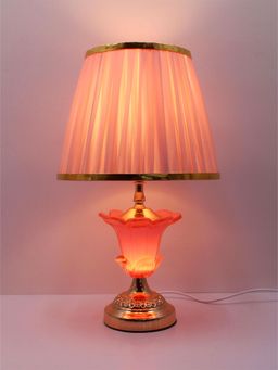 ELARE - Pink Crystal Flower Table Lamp with Gold Base & Pleated Shade