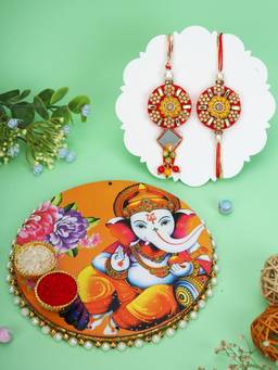 AAPNO RAJASTHAN - Ganesha Print Pooja Thali with 2 Stone Studded Bhaiya Bhabhi Rakhis