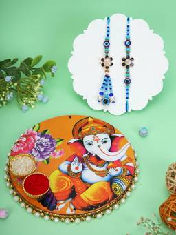 AAPNO RAJASTHAN - Ganesha Print Pooja Thali with 2 Evil Eye Bhaiya Bhabhi Rakhis