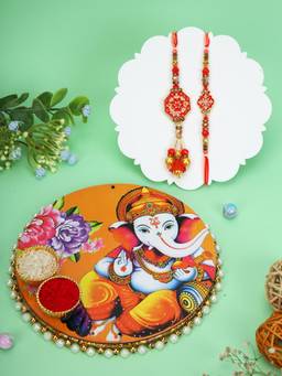 AAPNO RAJASTHAN - Ganesha Print Pooja Thali with 2 Bhaiya Bhabhi Rakhis