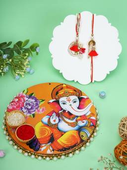 AAPNO RAJASTHAN - Ganesha Print Pooja Thali with Beaded Lumba Rakhi