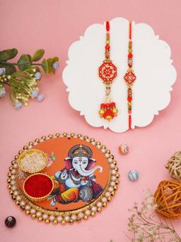AAPNO RAJASTHAN - Mini Ganesha Pooja Thali with 2 Stone Studded Bhaiya Bhabhi Rakhis