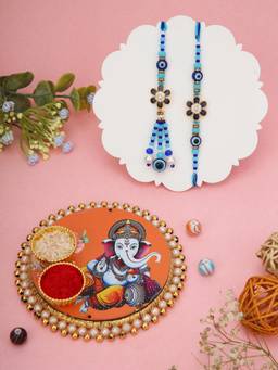 AAPNO RAJASTHAN - Ganesha Design Puja Thali with 2 Gold-Plated Bhaiya Bhabhi Rakhis