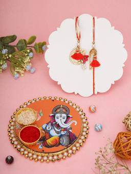 AAPNO RAJASTHAN - Ganesha Design Puja Thali with 2 Gold-Plated Bhaiya Bhabhi Rakhis
