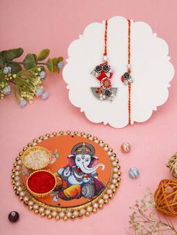 AAPNO RAJASTHAN - Ganesha Design Puja Thali with 2 Bhaiya Bhabhi Rakhis