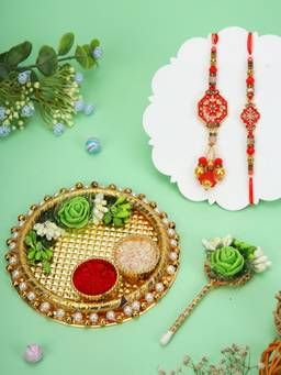 AAPNO RAJASTHAN - Green Floral Golden Puja Thali with 2 Bhaiya Bhabhi Rakhis