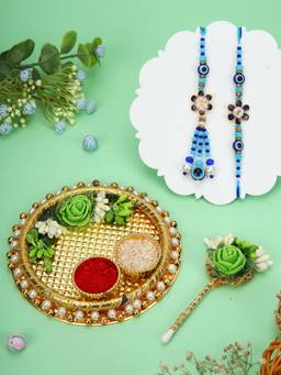 AAPNO RAJASTHAN - Green Floral Golden Puja Thali with 2 Evil Eye Bhaiya Bhabhi Rakhis