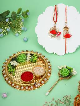 AAPNO RAJASTHAN - Green Floral Golden Puja Thali with Beaded Lumba Rakhi