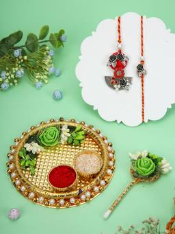AAPNO RAJASTHAN - Green Floral Golden Puja Thali with Bhaiya Bhabhi Rakhi Pair