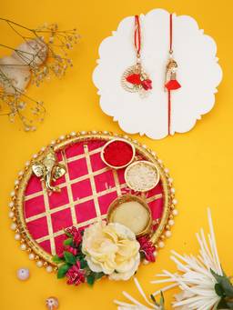 AAPNO RAJASTHAN - Ganesha Decor Pink Pooja Thali with Beaded Lumba Rakhi