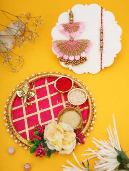 AAPNO RAJASTHAN - Ganesha Decor Pink Pooja Thali with 2 Stone Studded & Beaded Rakhis