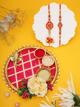 AAPNO RAJASTHAN - Ganesha Decor Pink Pooja Thali with 2 Stone Studded Bhaiya Bhabhi Rakhis