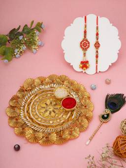 AAPNO RAJASTHAN - Golden Hues Thali with 2 Stone Studded Bhaiya Bhabhi Rakhis
