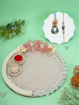 AAPNO RAJASTHAN - Agnes Pearl Bloom Thali with Blue Floral Hanging & Beaded Rakhi
