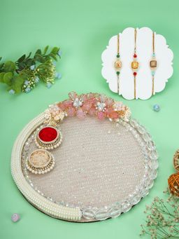AAPNO RAJASTHAN - Luxe Mirror Work Thali with 3 Beaded Square Rakhis