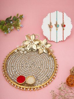 AAPNO RAJASTHAN - Beaded Thali with Golden Flowers & 3 Zari Zardosi Rakhis