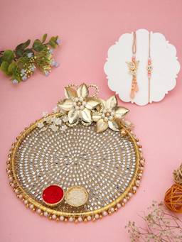 AAPNO RAJASTHAN - Golden Flower Pearl Thali with Rose Bhaiya Bhabhi Rakhi