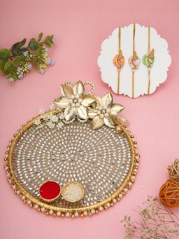 AAPNO RAJASTHAN - Beaded Thali with Golden Florals & 3 Zardosi Rakhis