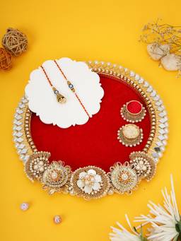 AAPNO RAJASTHAN - Red Velvet Mirror Work Thali with Evil Eye Bhaiya Bhabhi Rakhi Set