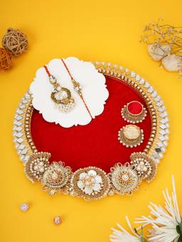 AAPNO RAJASTHAN - Red Velvet Mirror Work Thali with Kundan Rakhi Set