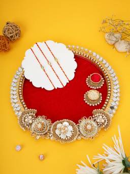 AAPNO RAJASTHAN - Red Velvet Mirror Work Thali with 3 Kundan Teardrop Rakhis