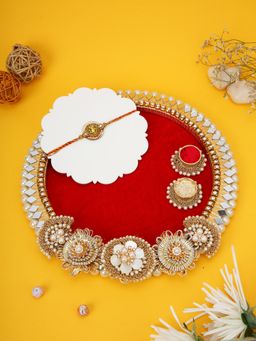 AAPNO RAJASTHAN - Ornate Velvet Mirror Work Thali with Vighnaharta Stone Rakhi