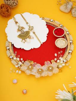 AAPNO RAJASTHAN - Floral Thali with 2 Kundan Studded & Beaded Rakhis